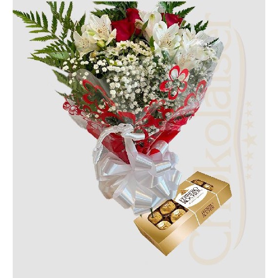 arranjo com 3 flores naturais com caixa de chocolate ferrero rocher