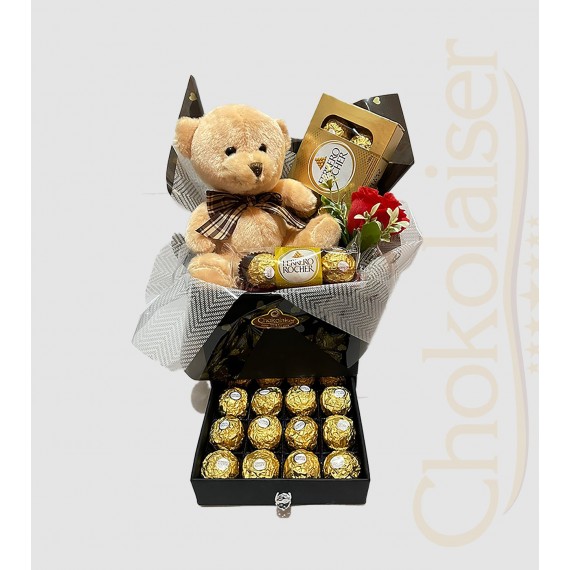 Caixa box vermelha com ursinho de pelúcia, bombom ferreiro rocher,  caixa de ferrero rocher