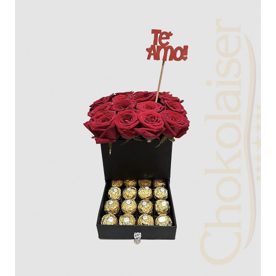 Caixa box com rosas naturais, plaquinha (te amo), chocolates ferrero rocher